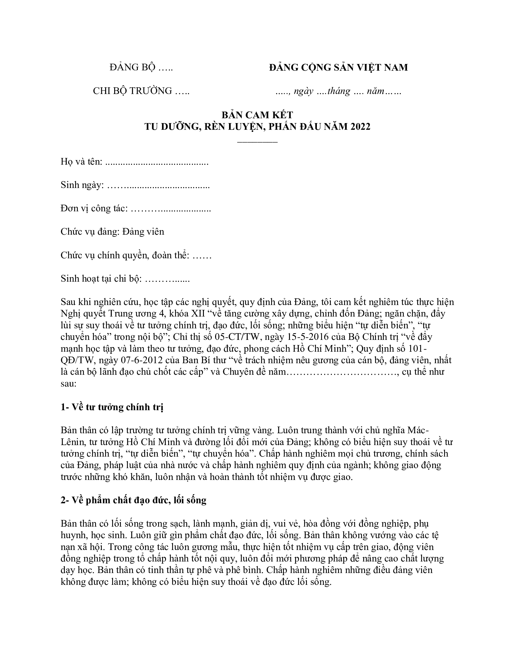 Mẫu bản cam kết rèn luyện của học sinh sinh viên