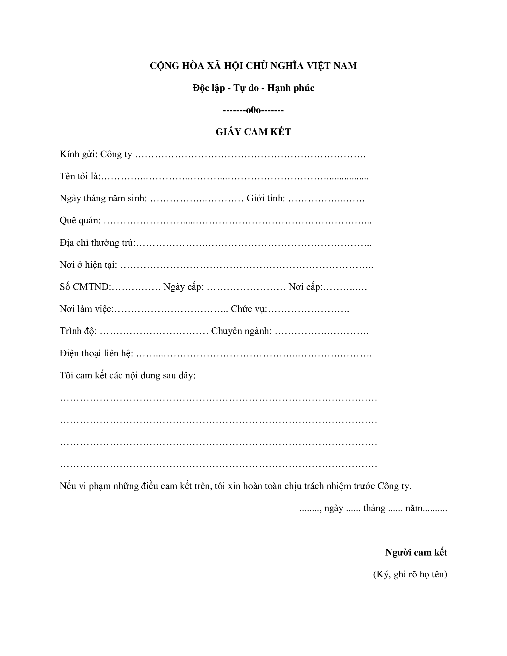 Mẫu bản cam kết chung (mẫu chuẩn)