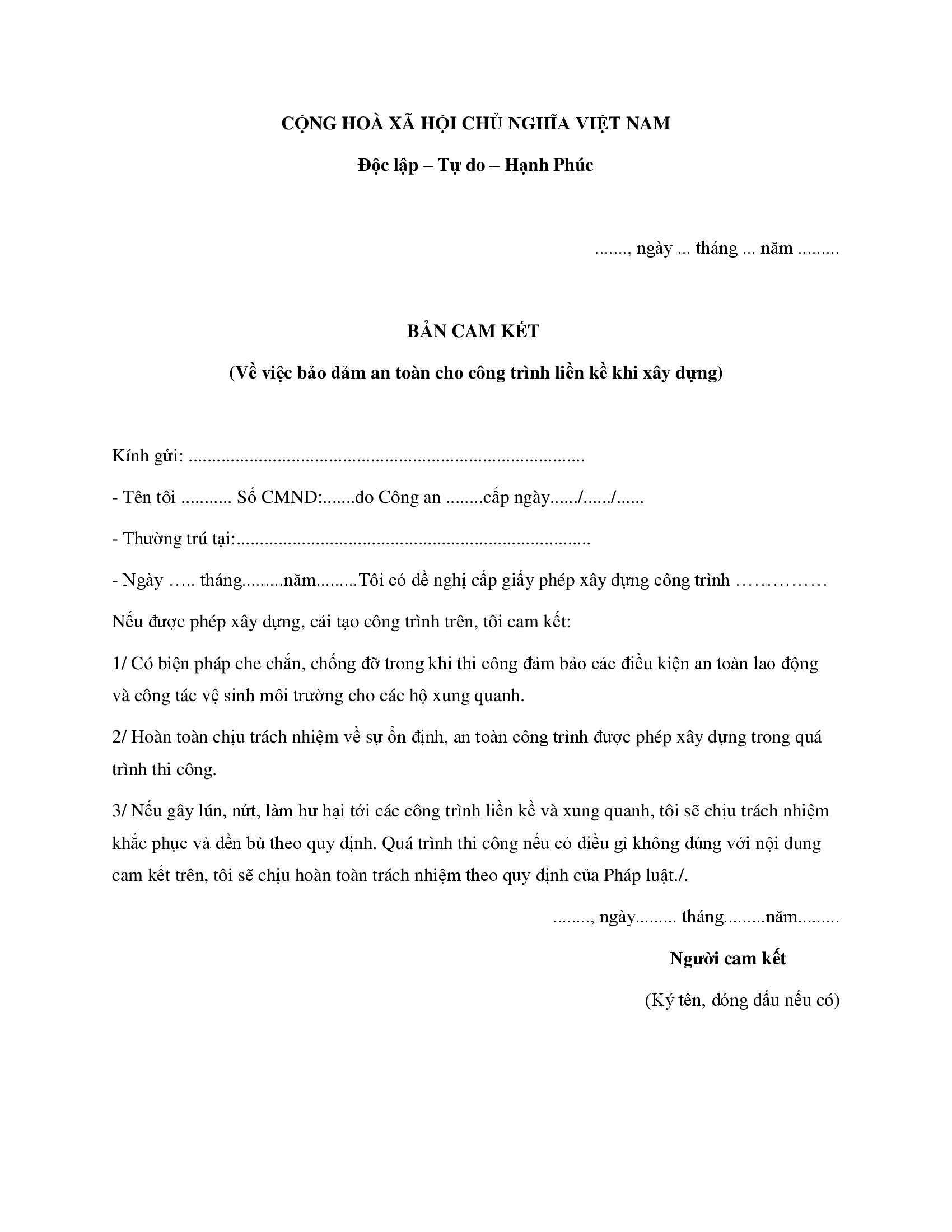 Mẫu bản cam kết an toàn lao động