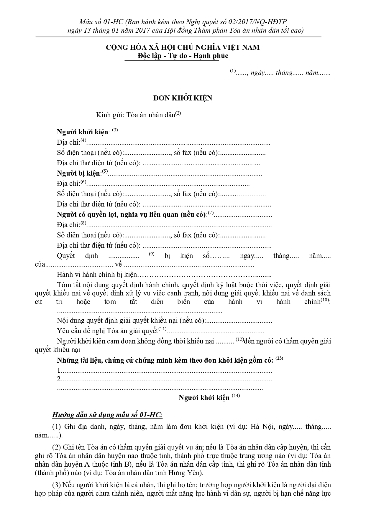 Nội dung trong đơn khởi kiện