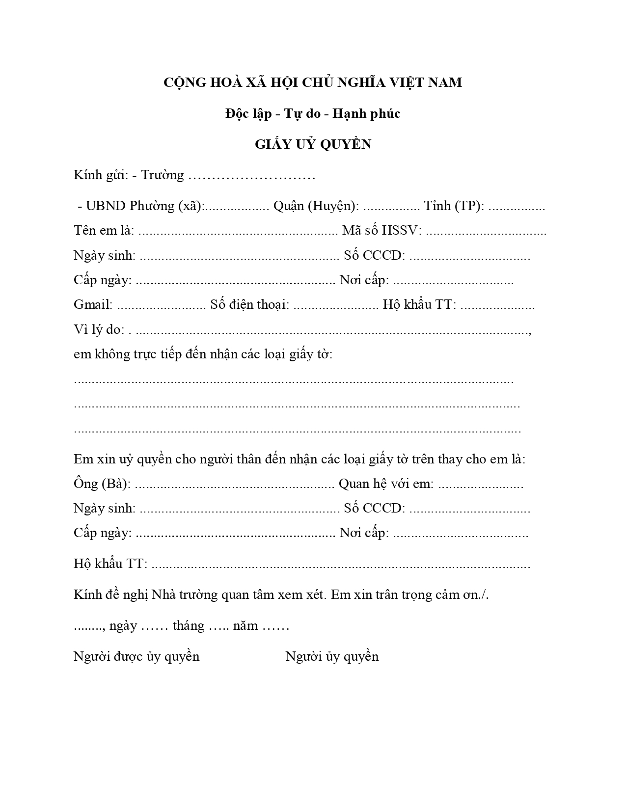 Mẫu giấy ủy quyền cho người thân