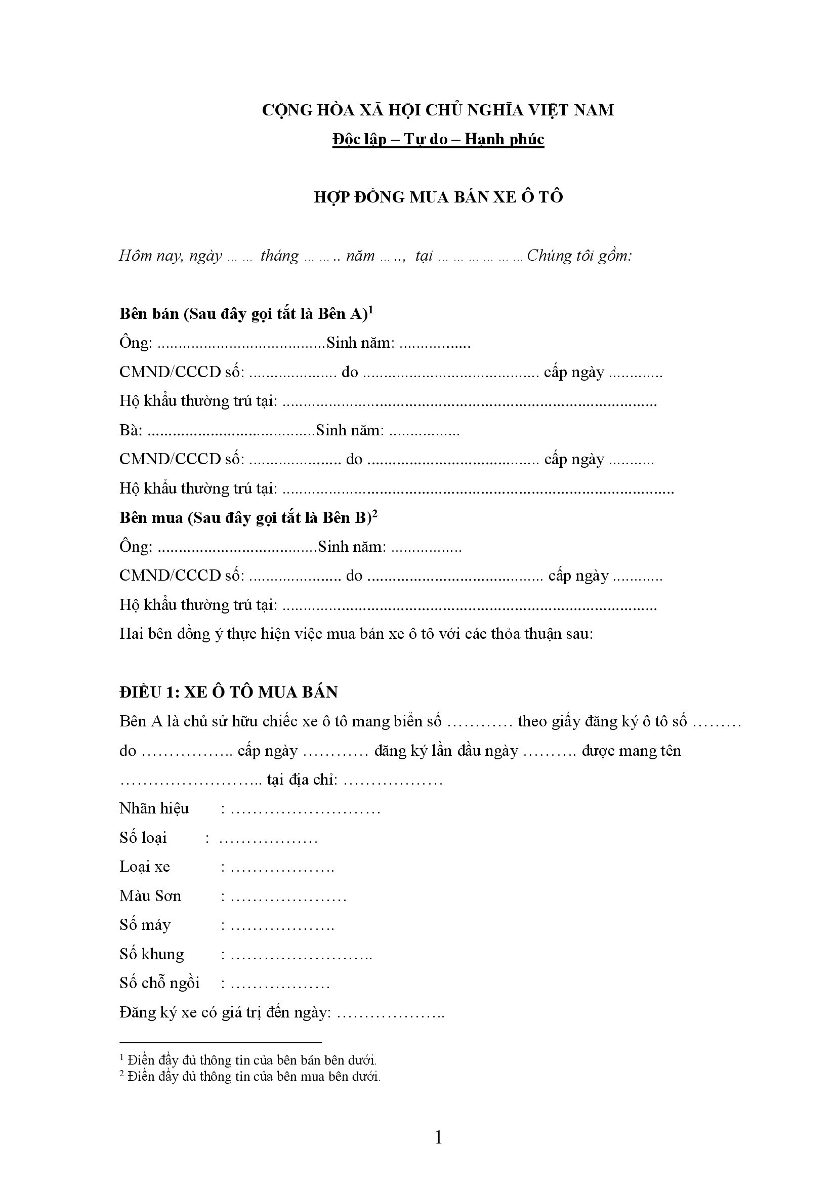 Mẫu hợp đồng mua bán xe theo quy định mới (file Word)