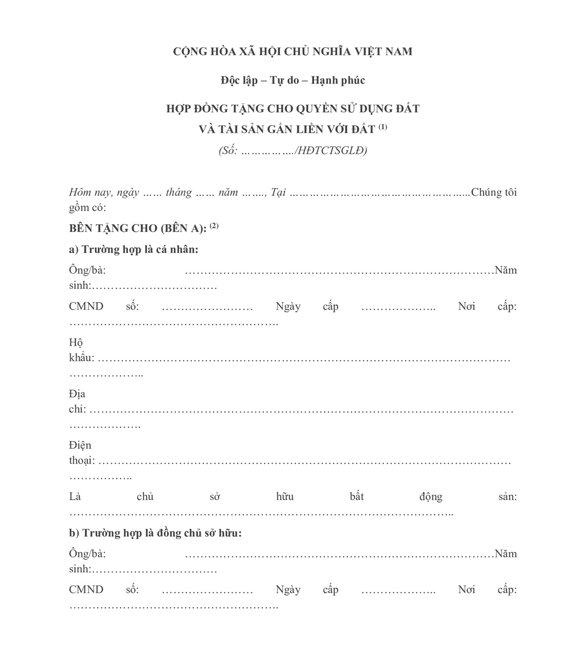 Nội dung cần có trong hợp đồng tặng cho quyền sử dụng đất