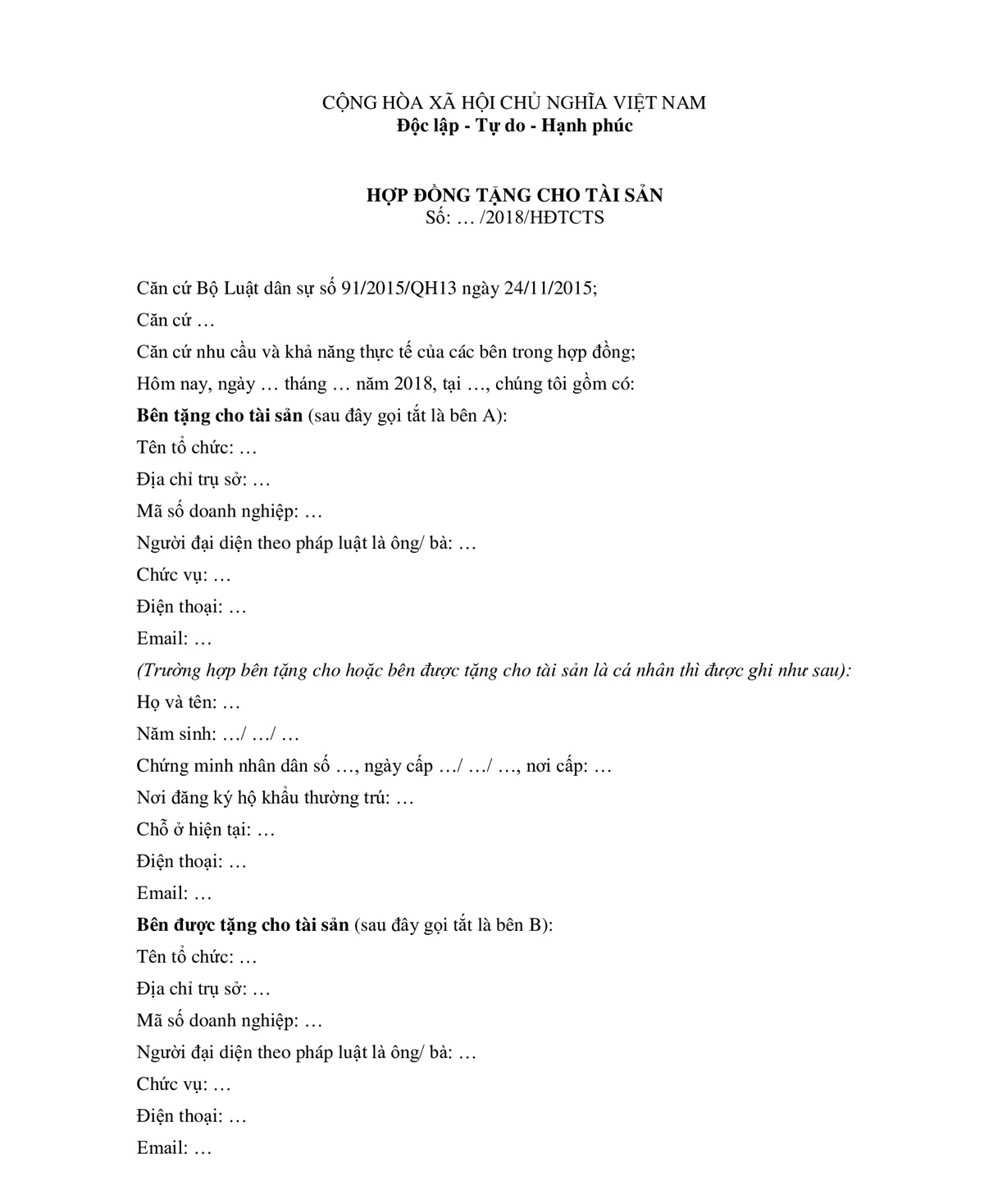 Hợp đồng tặng cho tài sản mới nhất