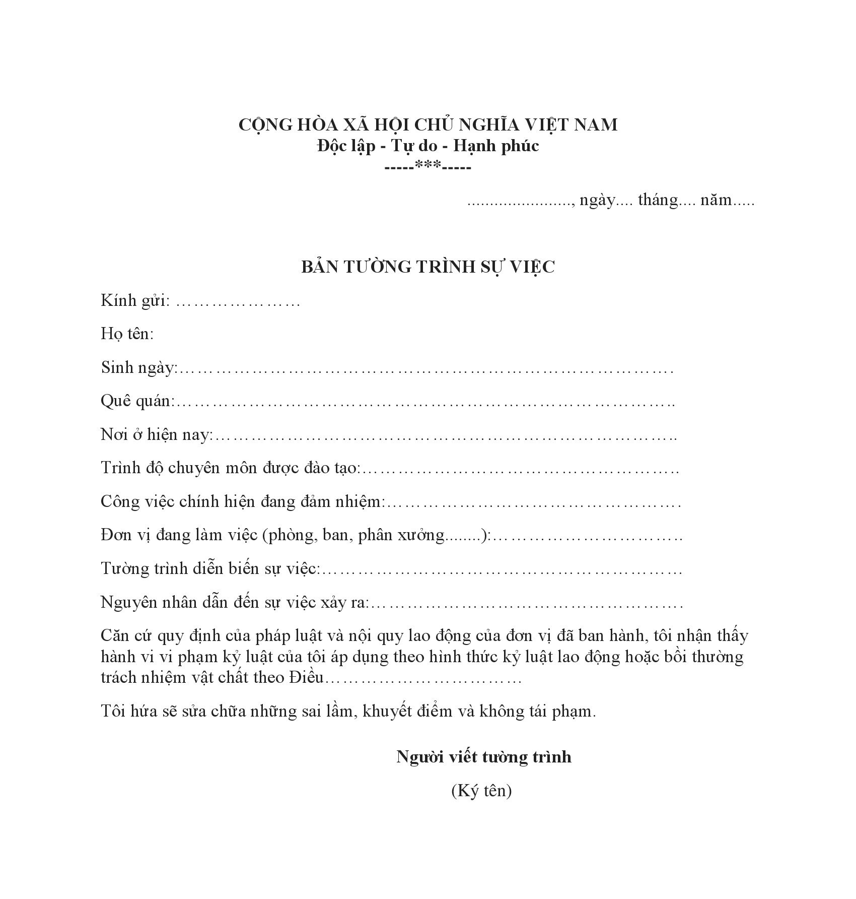 Mẫu bản tường trình