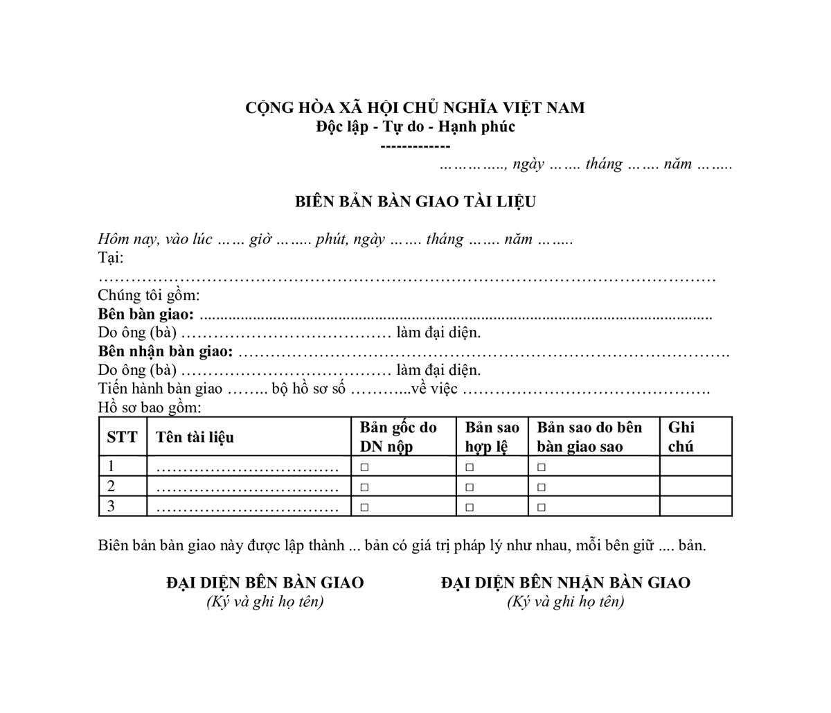 Mẫu biên bản bàn giao tài liệu