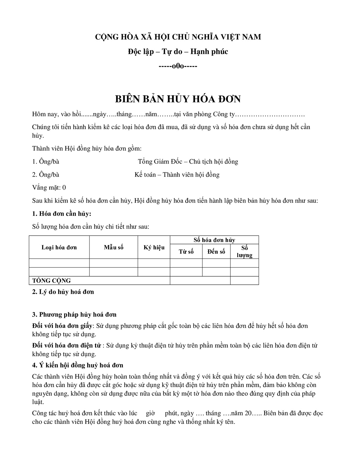 Mẫu biên bản hủy hóa đơn