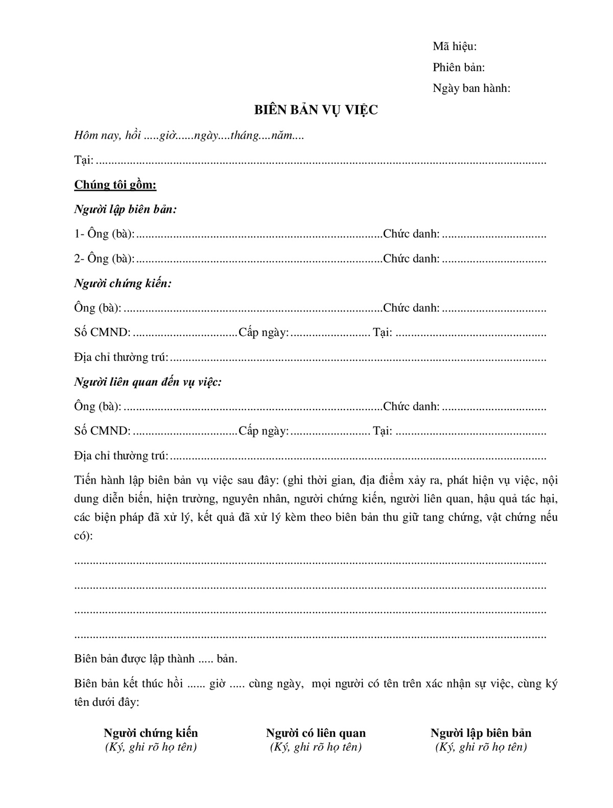 Mẫu biên bản sự việc