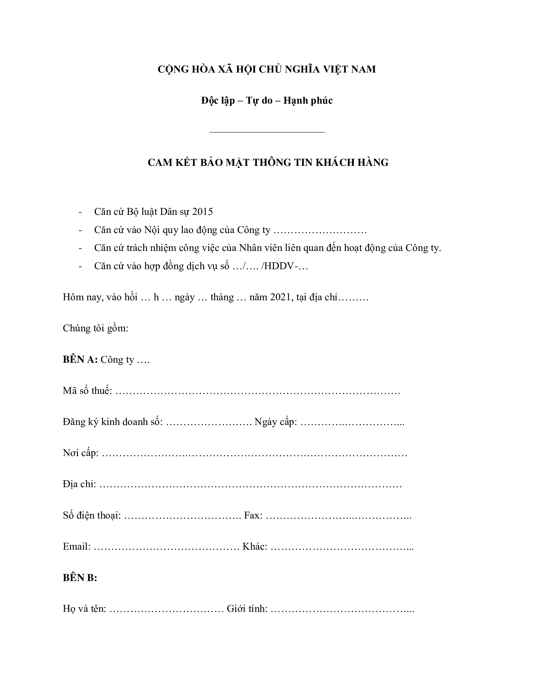 Mẫu bản cam kết bảo mật thông tin (NDA)