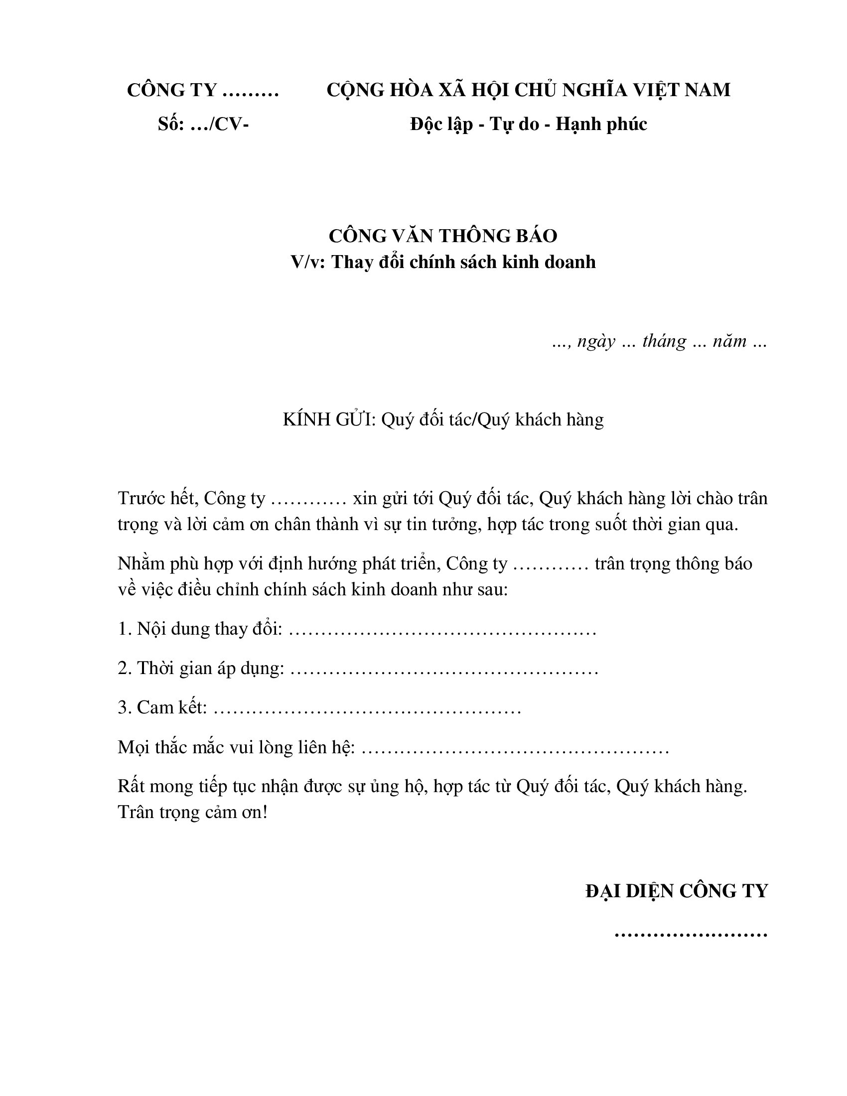 Mẫu công văn thông báo về thay đổi