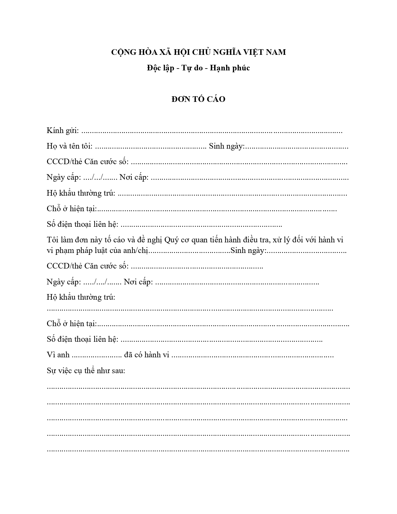 Nội dung trong đơn tố cáo