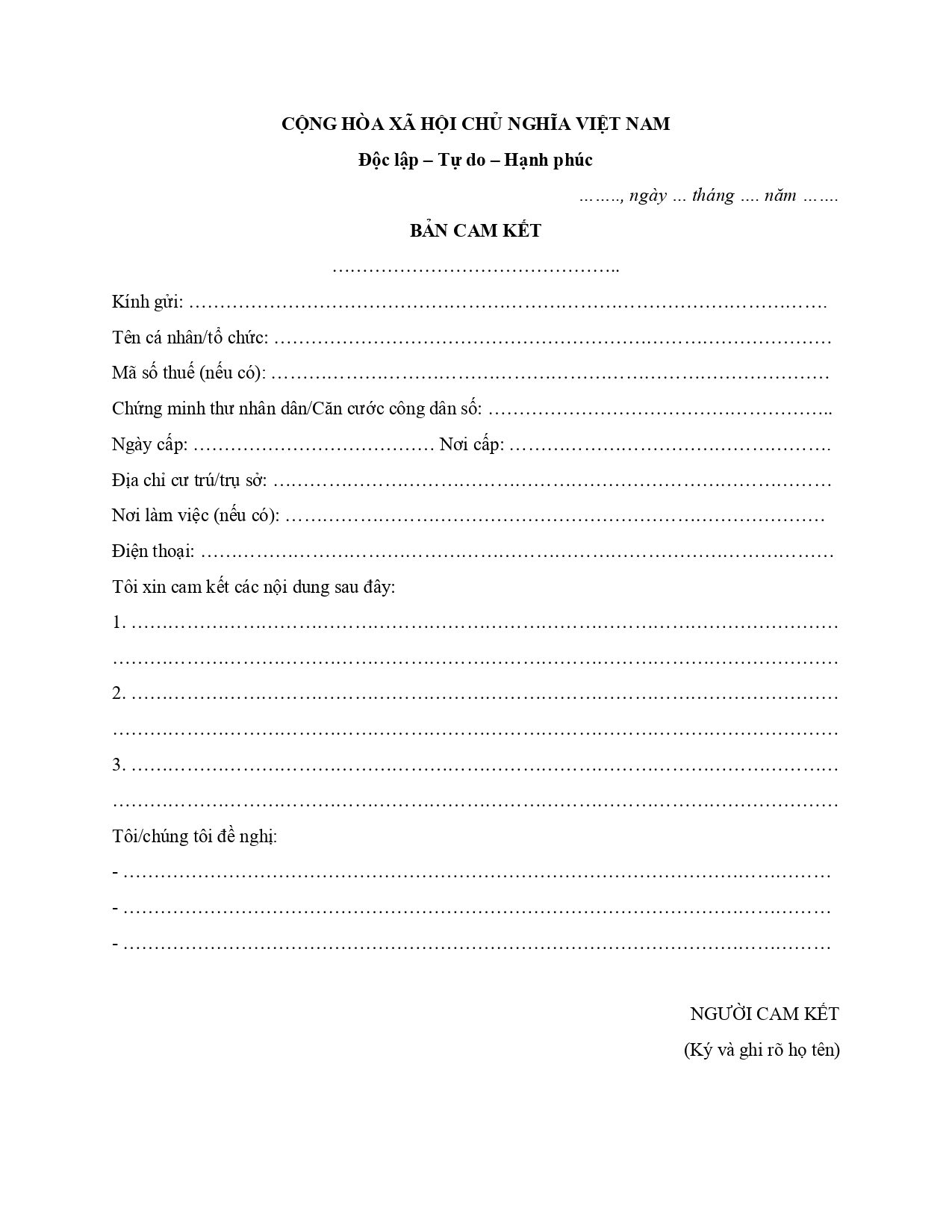 Mẫu giấy cam kết chịu trách nhiệm