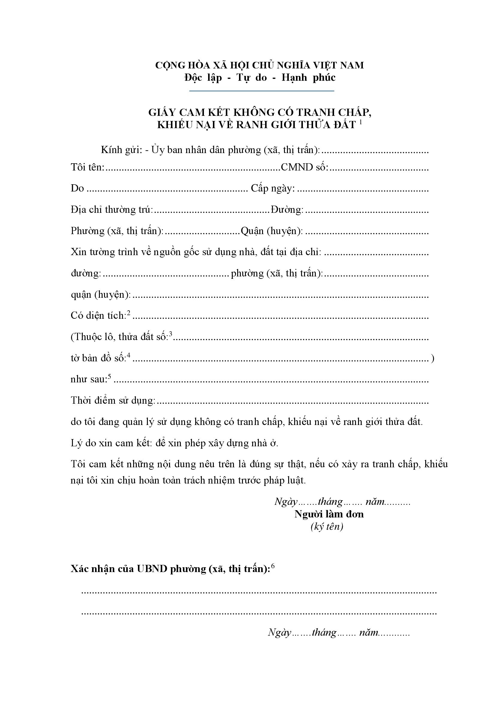 Mẫu bản cam kết không tranh chấp đất đai