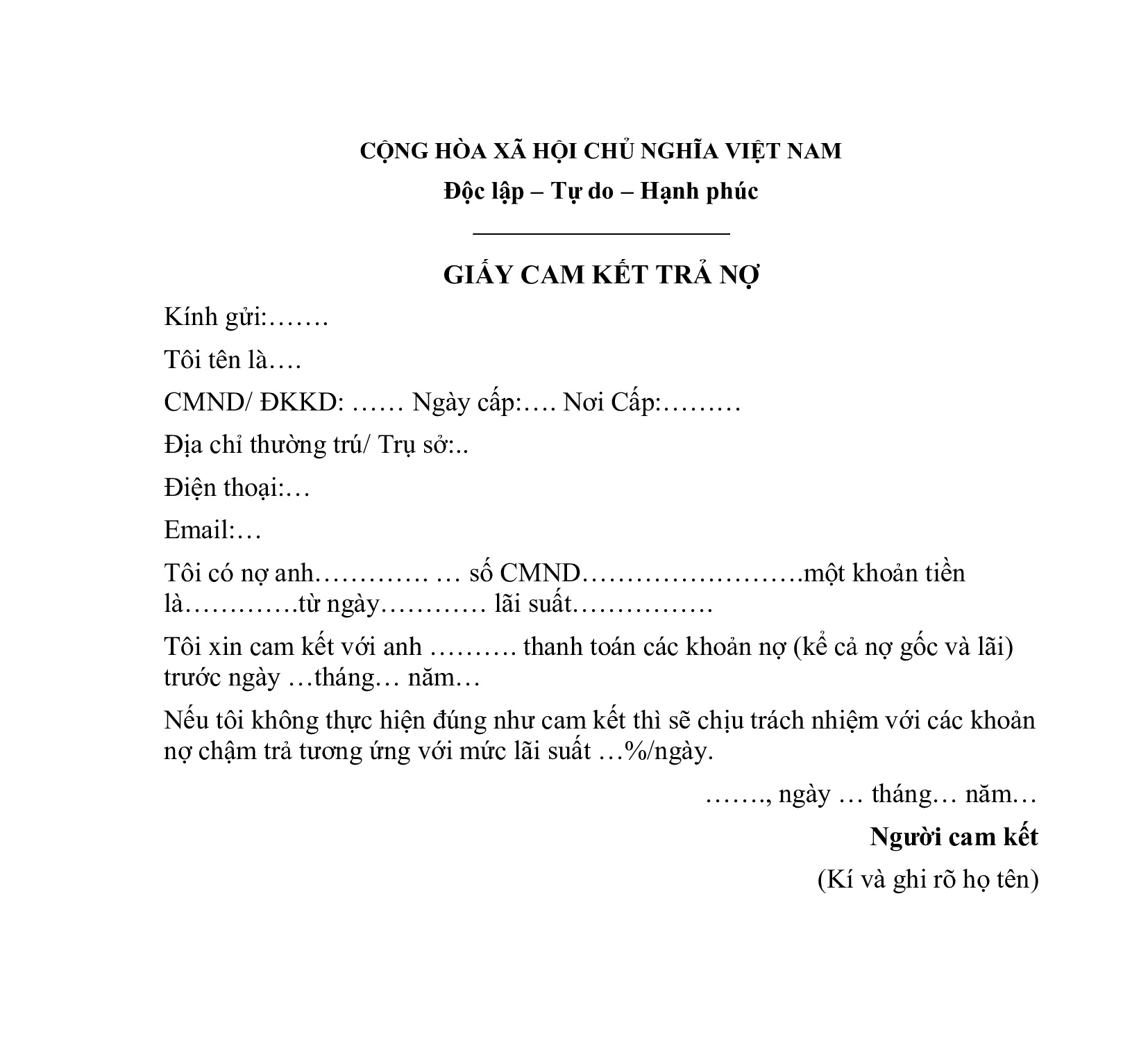 Mẫu bản cam kết trả nợ