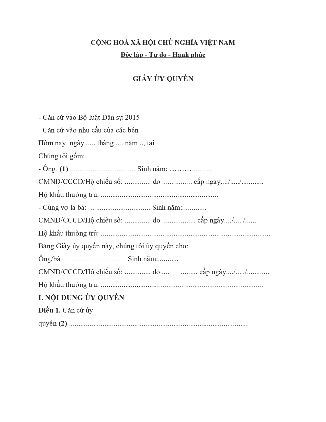 Nội dung bắt buộc trong mẫu giấy ủy quyền