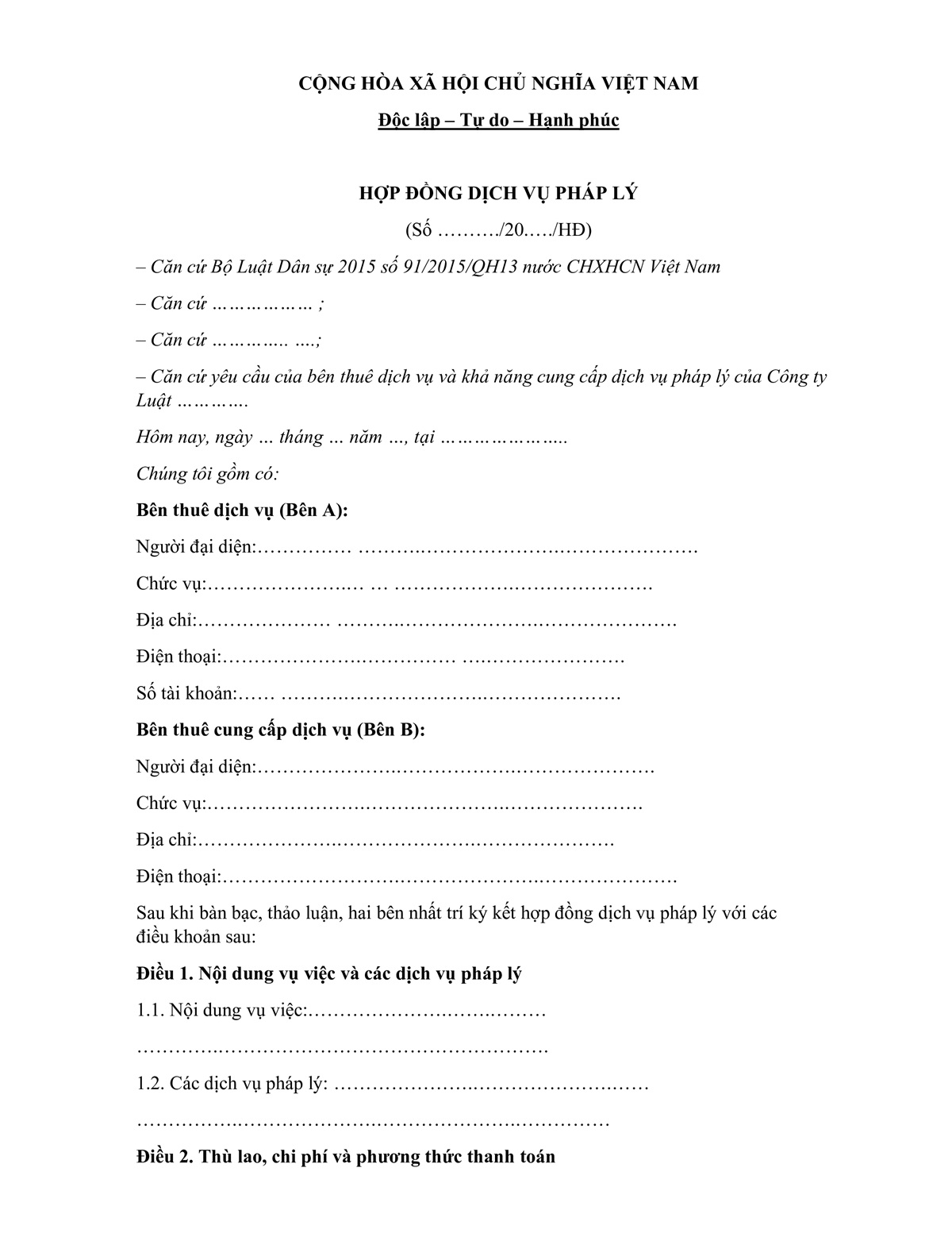 Mẫu hợp đồng dịch vụ pháp lý