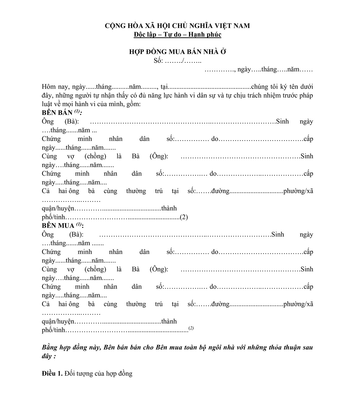 Nội dung hợp đồng mua bán nhà ở