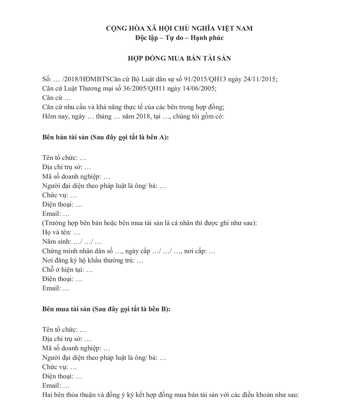 Hợp đồng mua bán tài sản mới