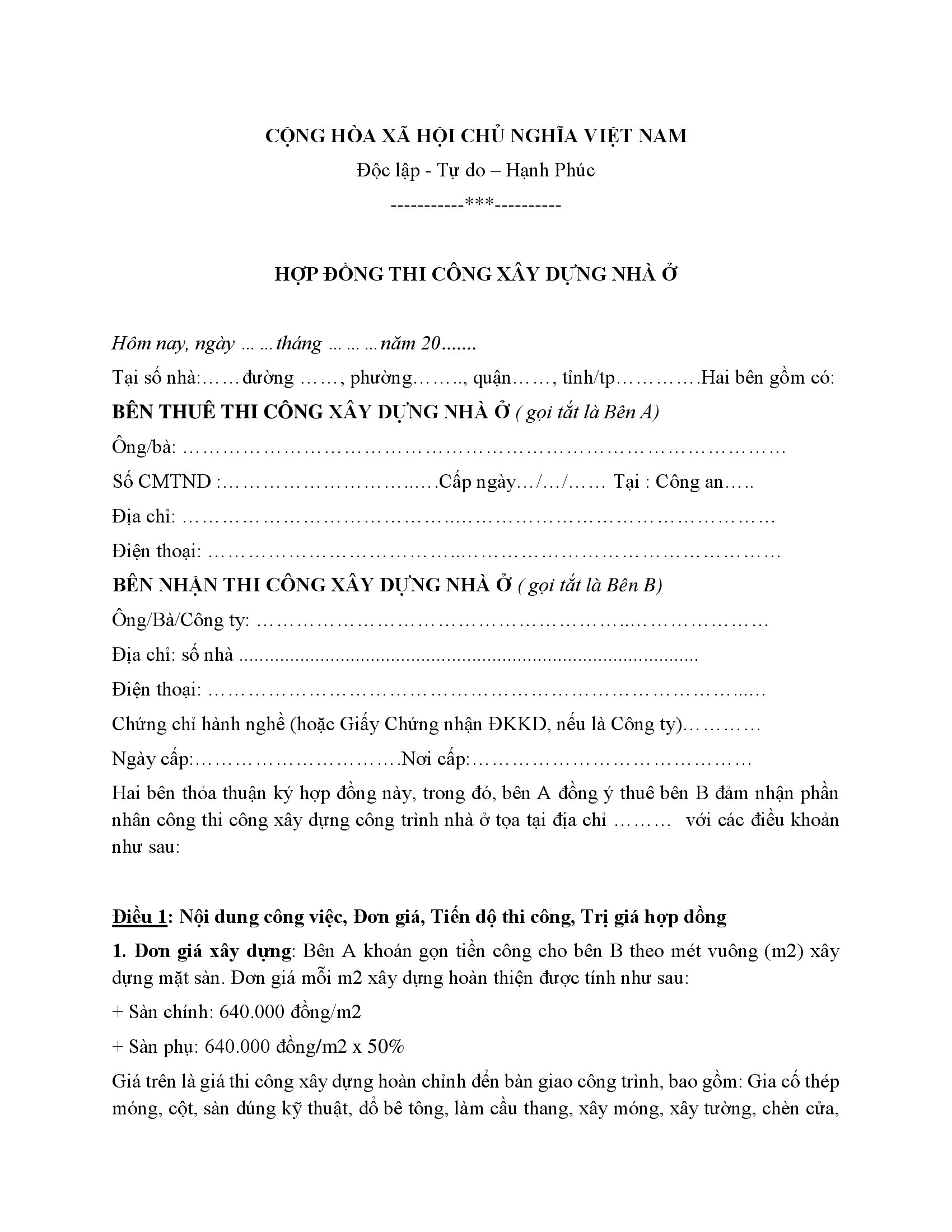 Mẫu hợp đồng xây dựng nhà ở