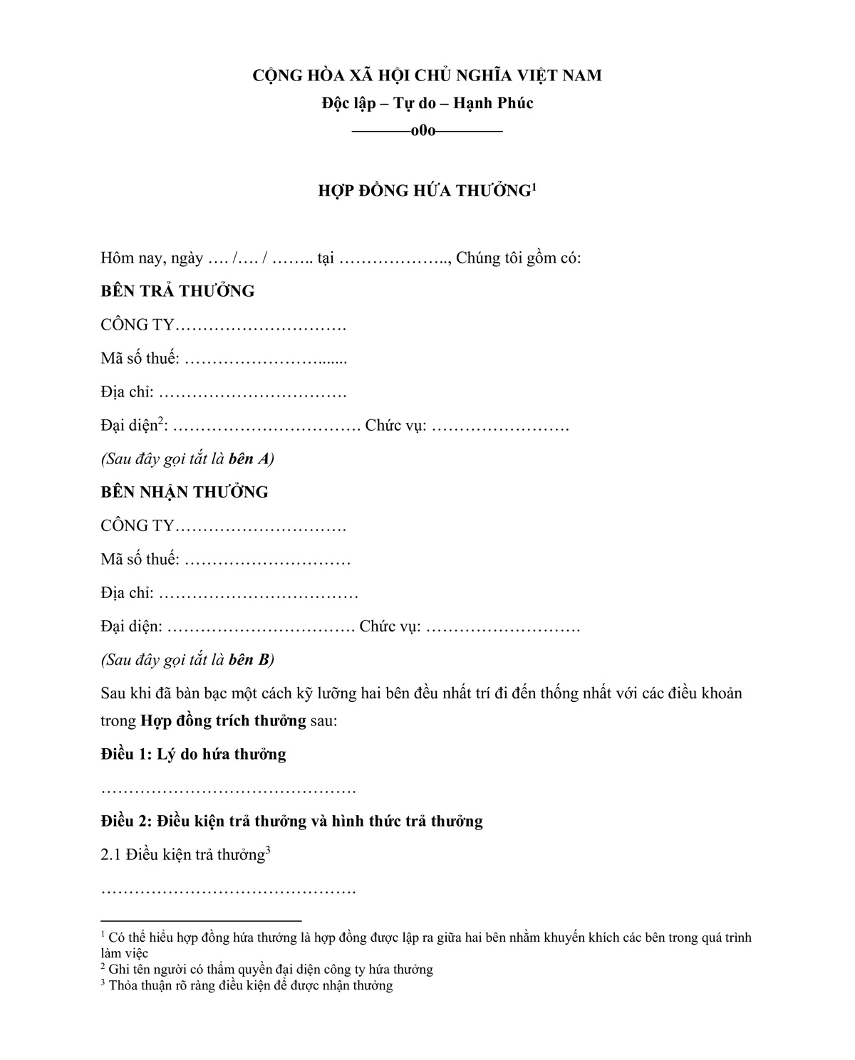 Mẫu hợp đồng trích thưởng mới nhất