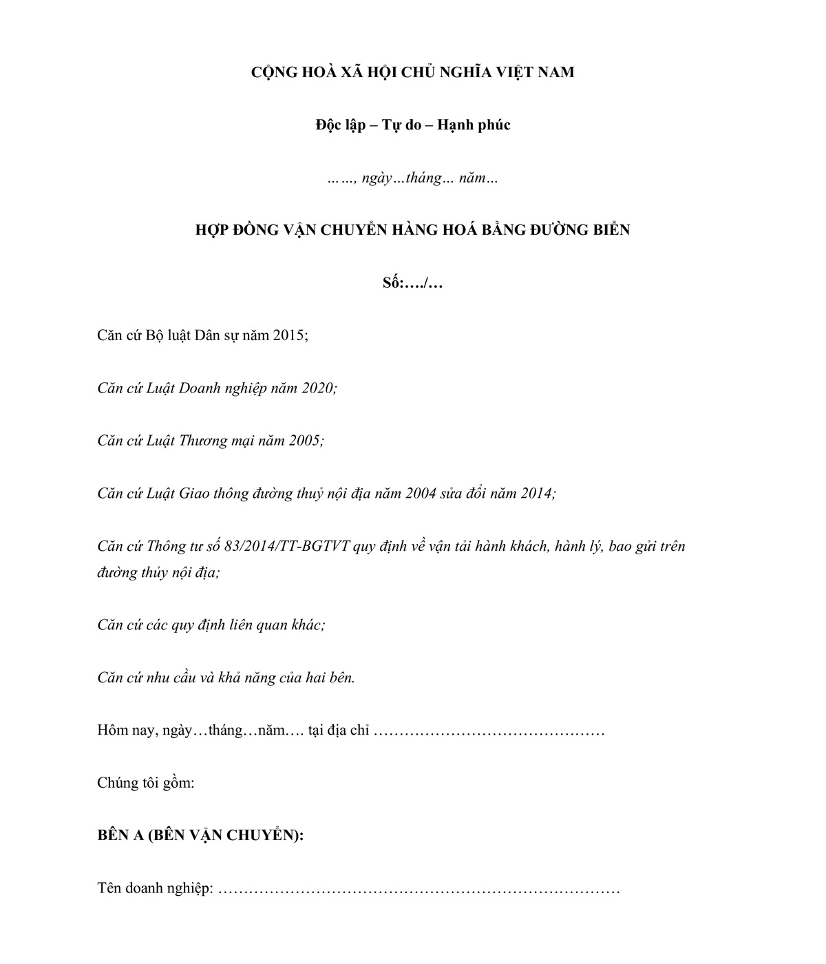 Mẫu hợp đồng vận chuyển hàng hóa