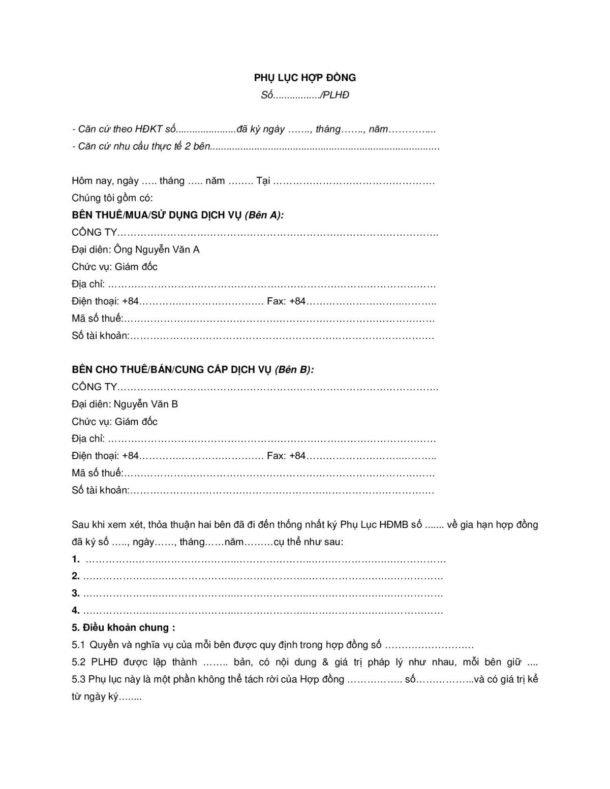 Mẫu phụ lục gia hạn hợp đồng