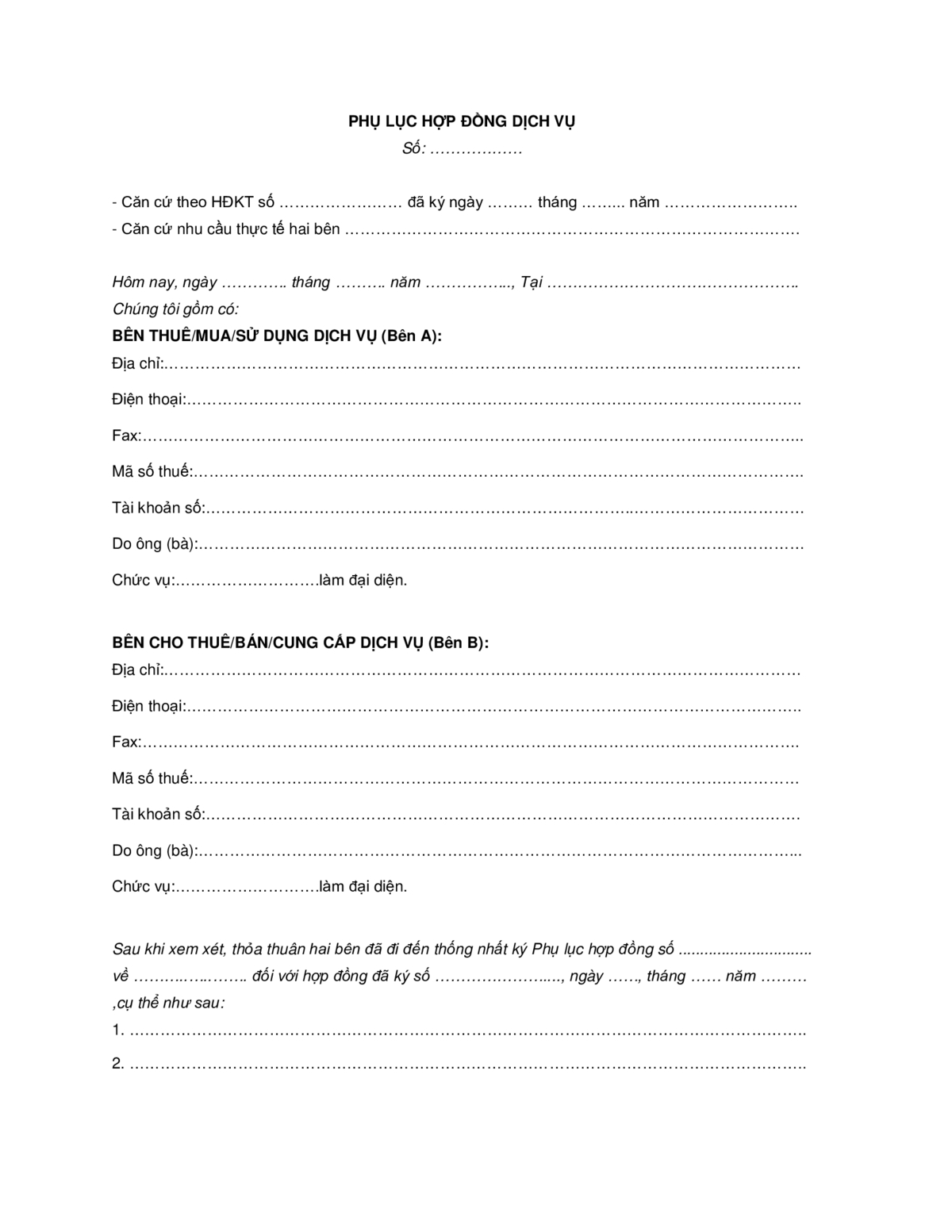 Mẫu phụ lục hợp đồng dịch vụ
