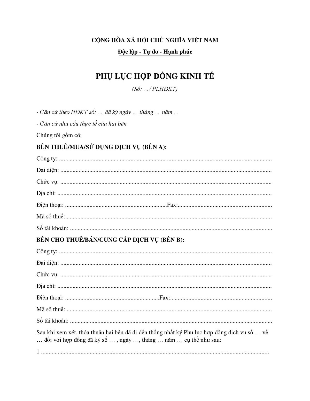 Mẫu phụ lục hợp đồng kinh tế