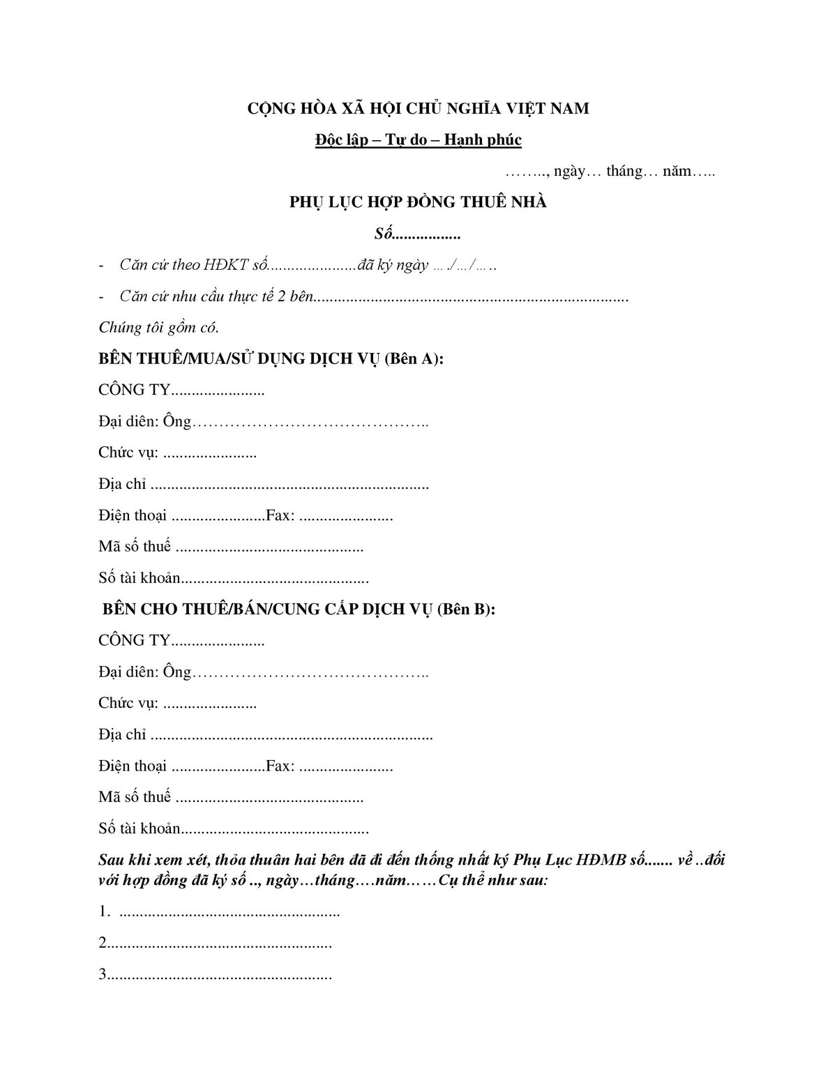 Mẫu phụ lục hợp đồng thuê nhà