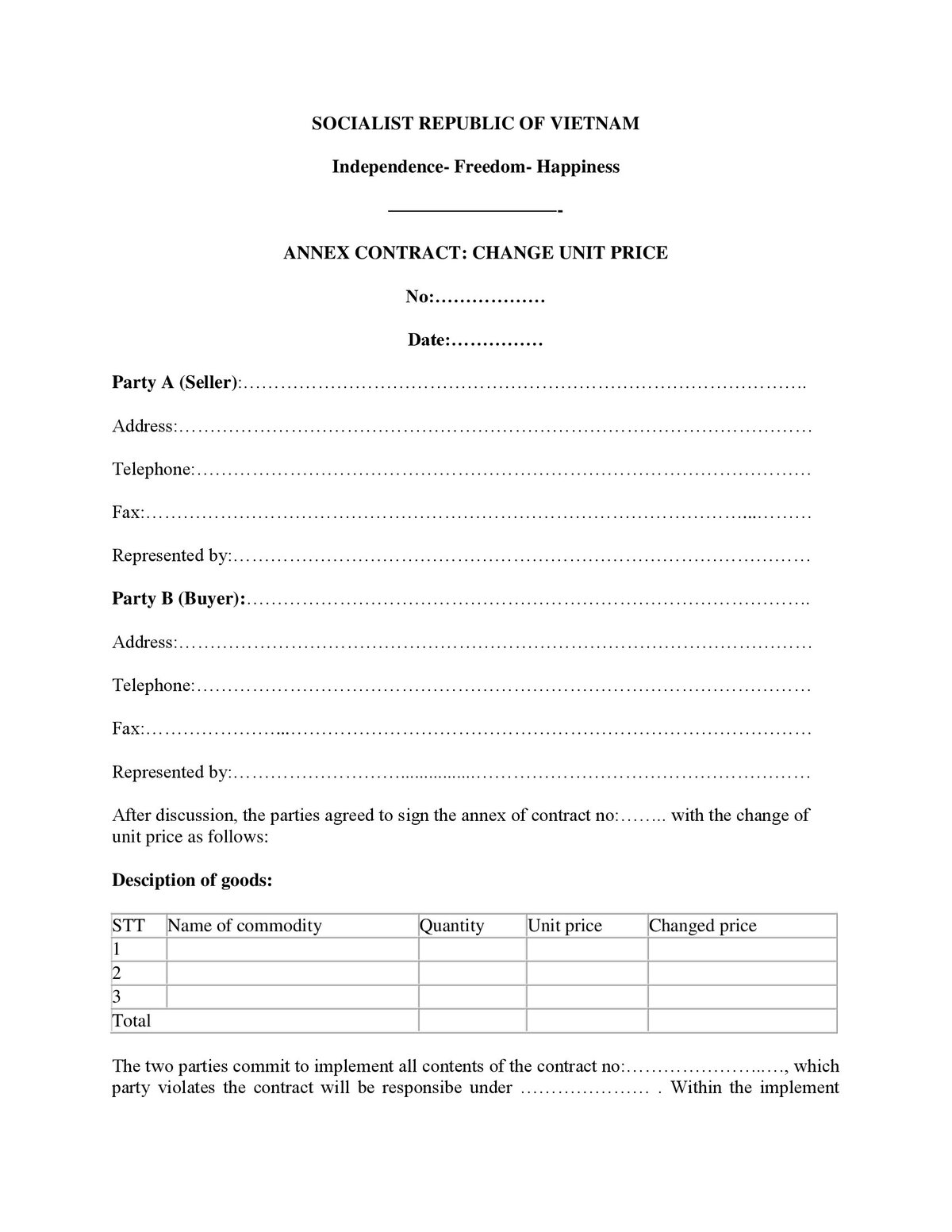 Mẫu phụ lục hợp đồng tiếng anh
