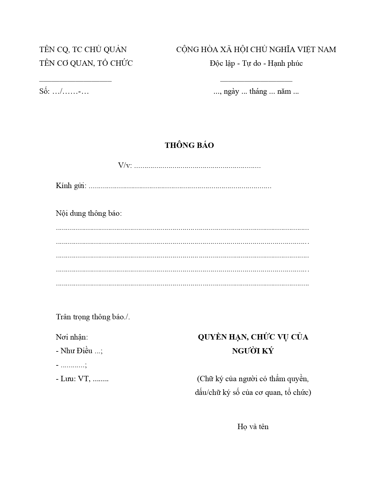 Mẫu thông báo nội bộ thông dụng