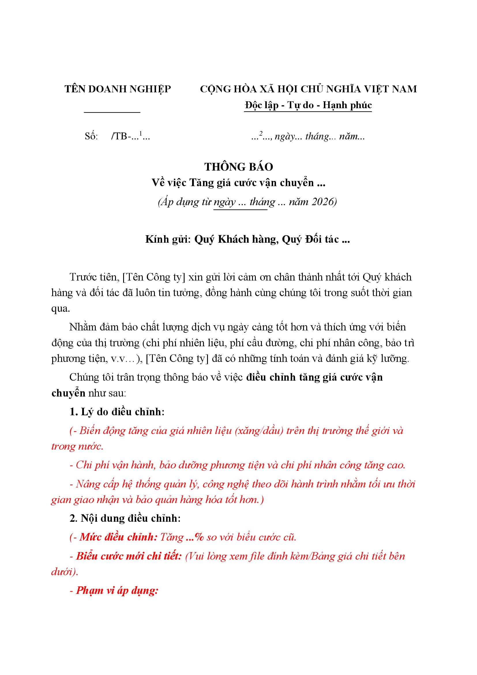 Thông báo tăng cước vận chuyển