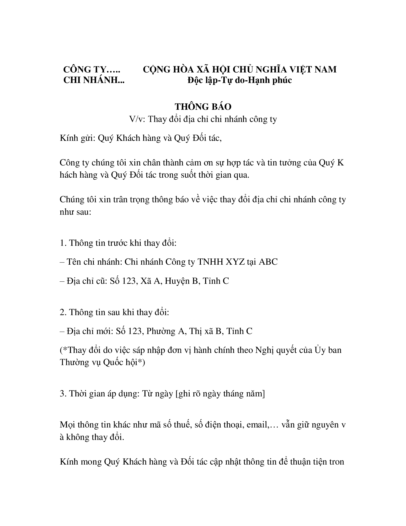 Công văn thay đổi địa chỉ chi nhánh