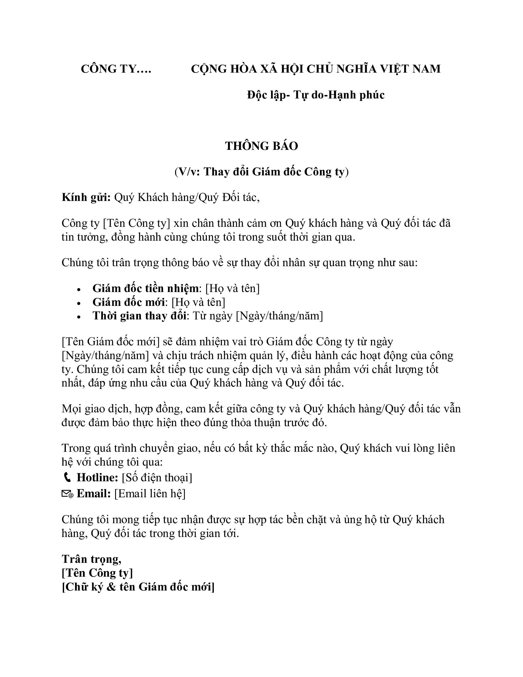 Công văn thay đổi giám đốc