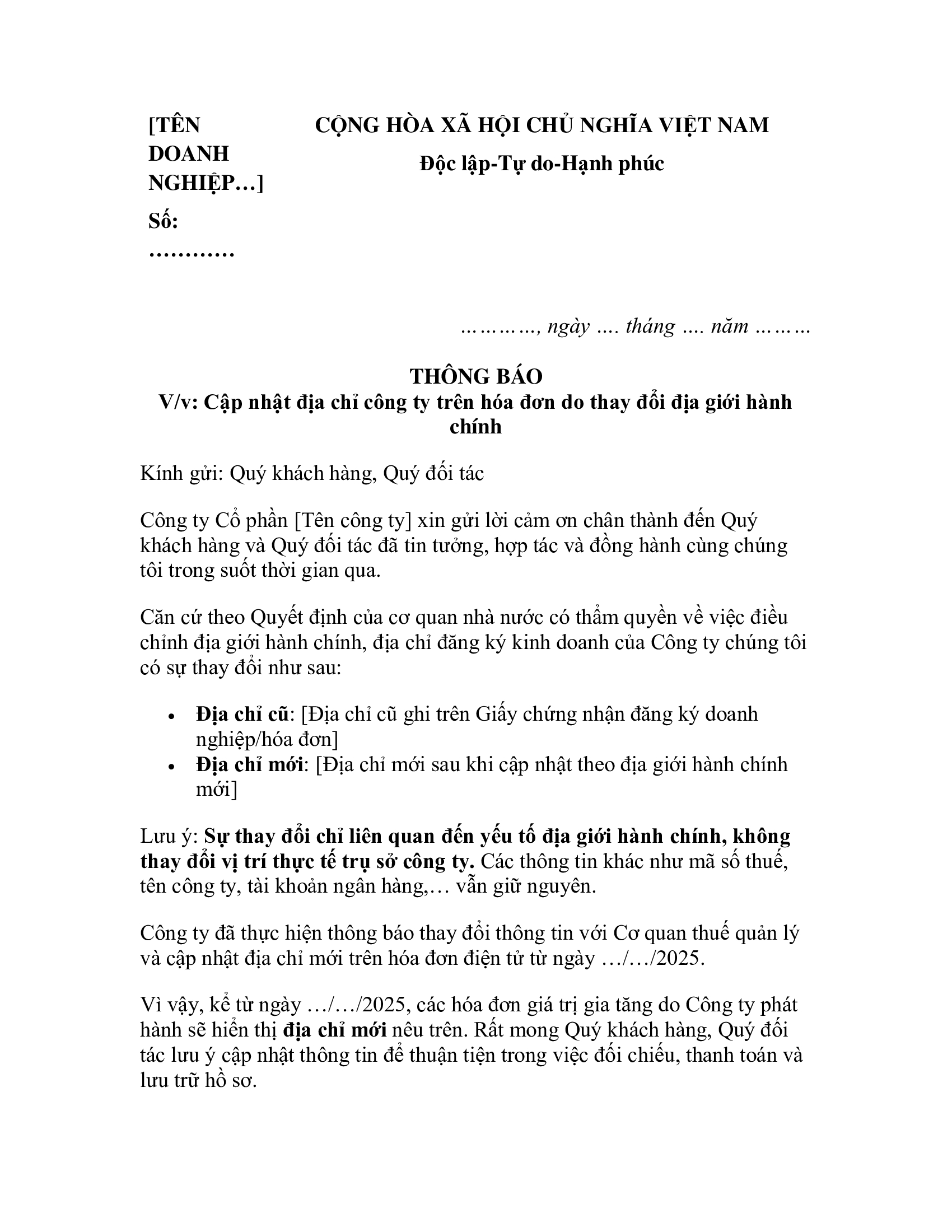 Công văn gởi hóa đơn