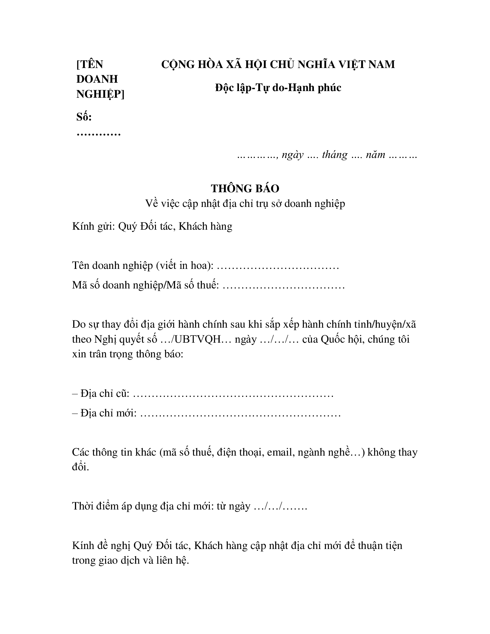 Công văn thông báo cập nhật địa chỉ