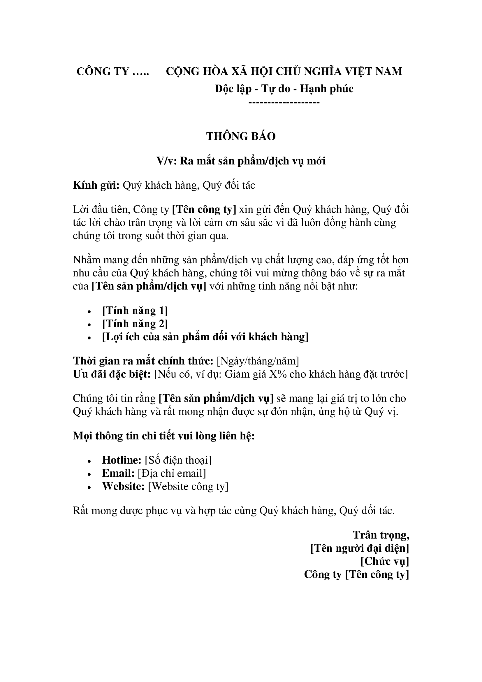 Công văn thông báo ra mắt sản phẩm