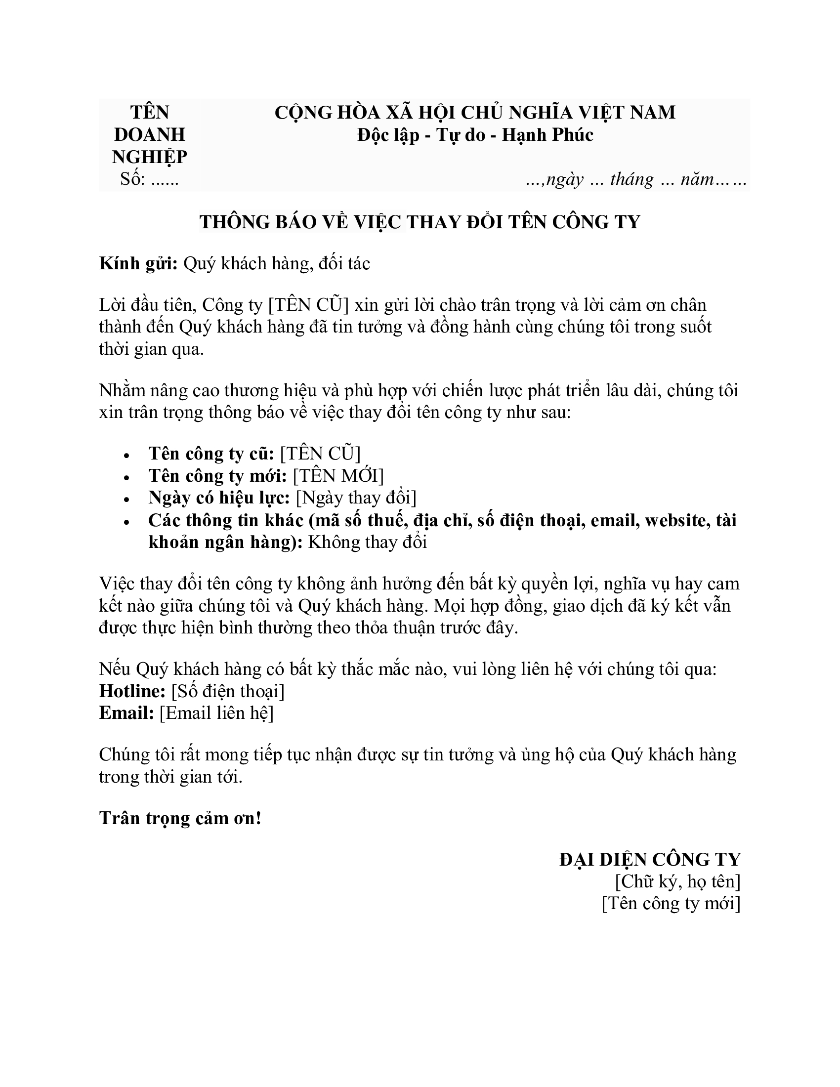 Công văn thông báo thay đổi tên doanh nghiệp