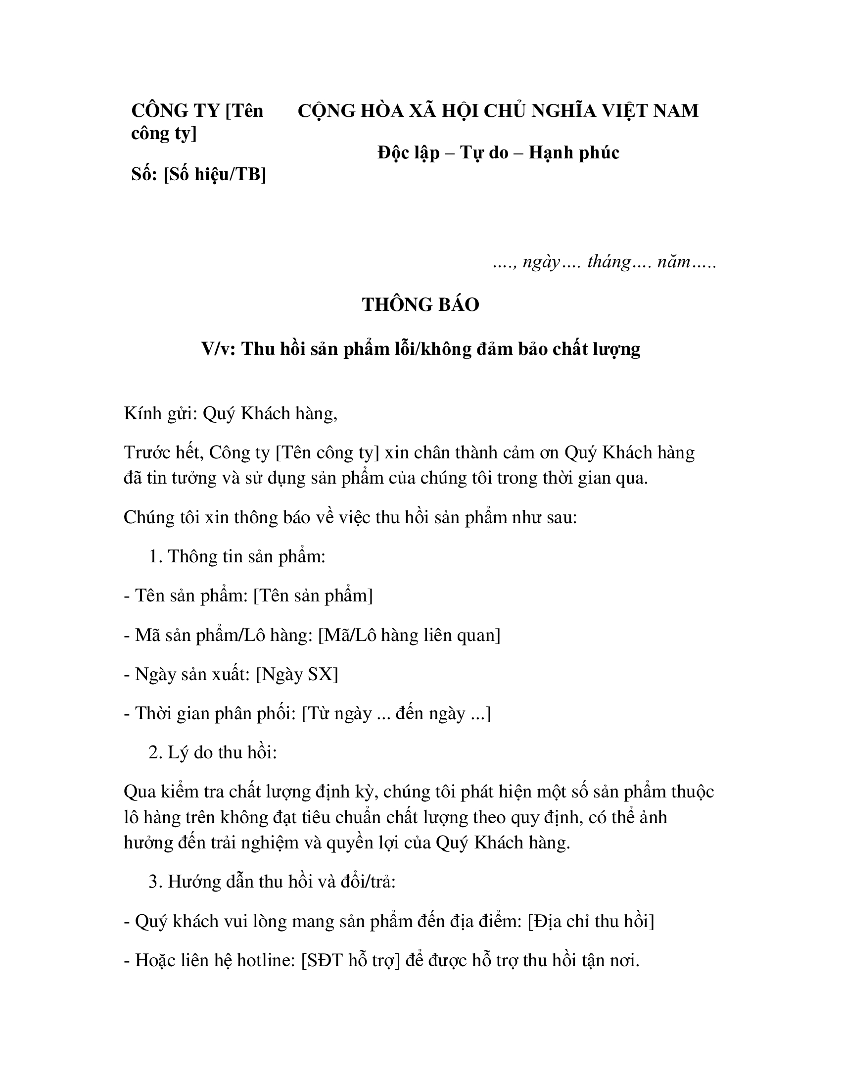 Công văn thu hồi sản phẩm doanh nghiệp