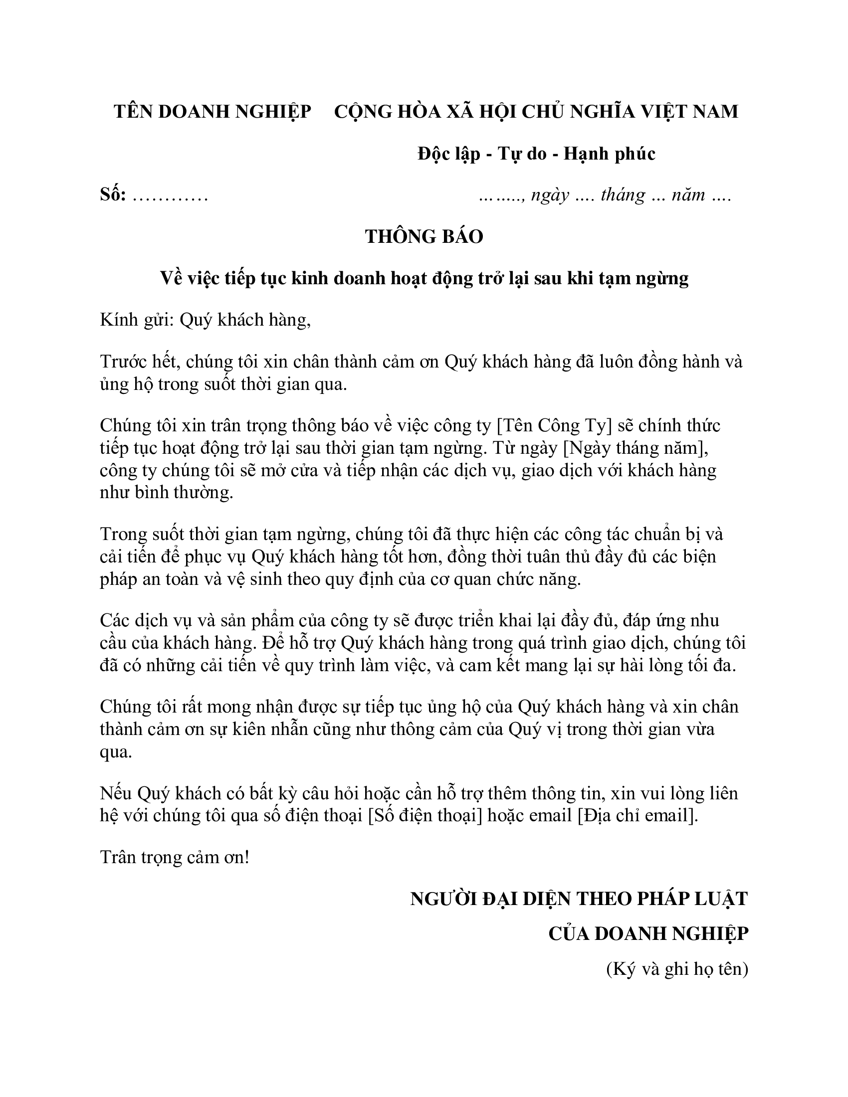 Công văn thông báo tiếp tục kinh doanh