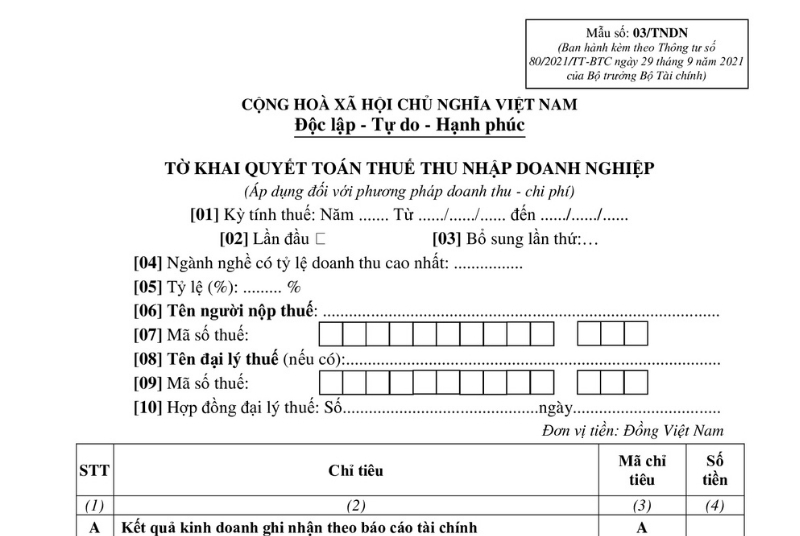 tờ khai quyết toán thuế tndn