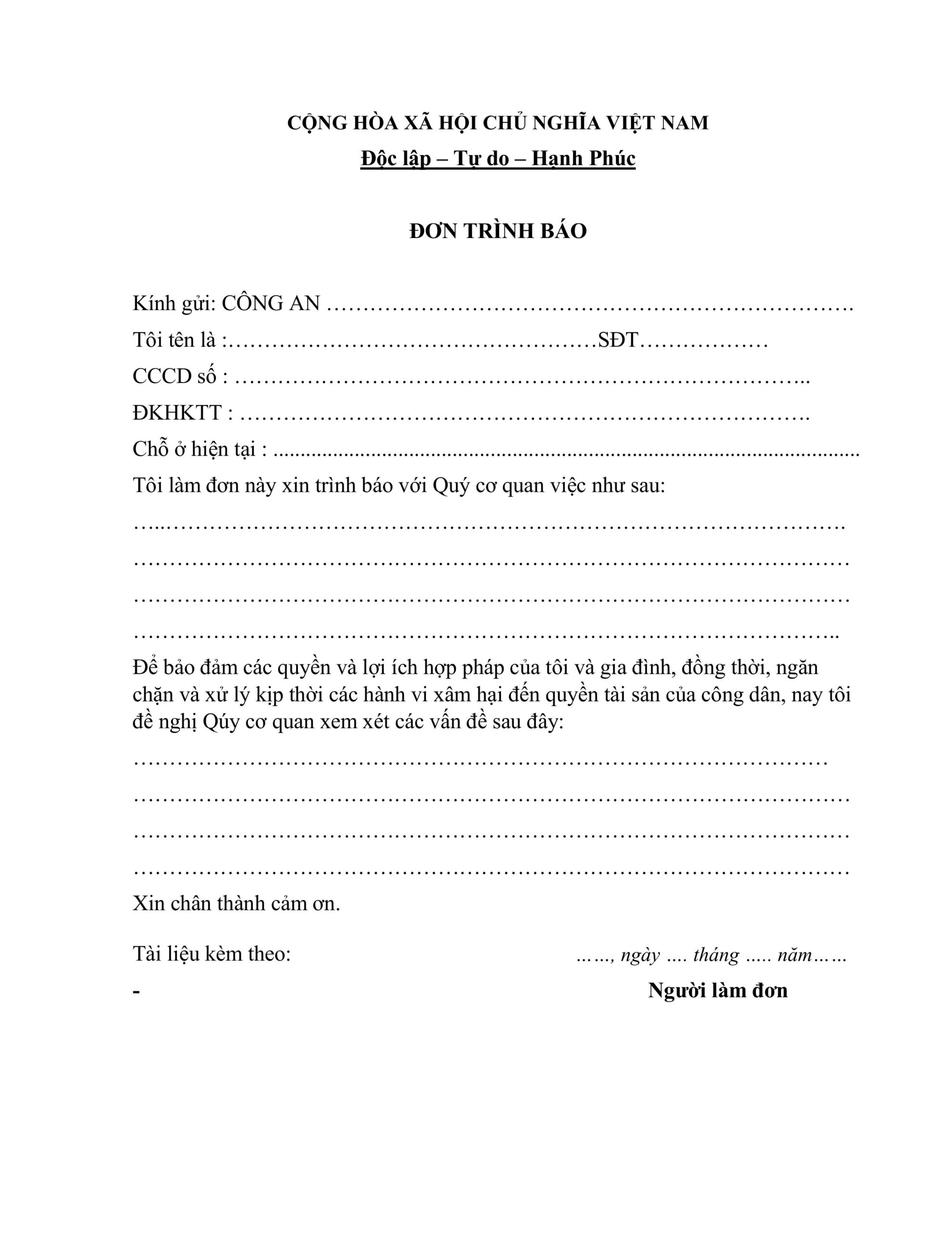 Mẫu đơn xin trình báo