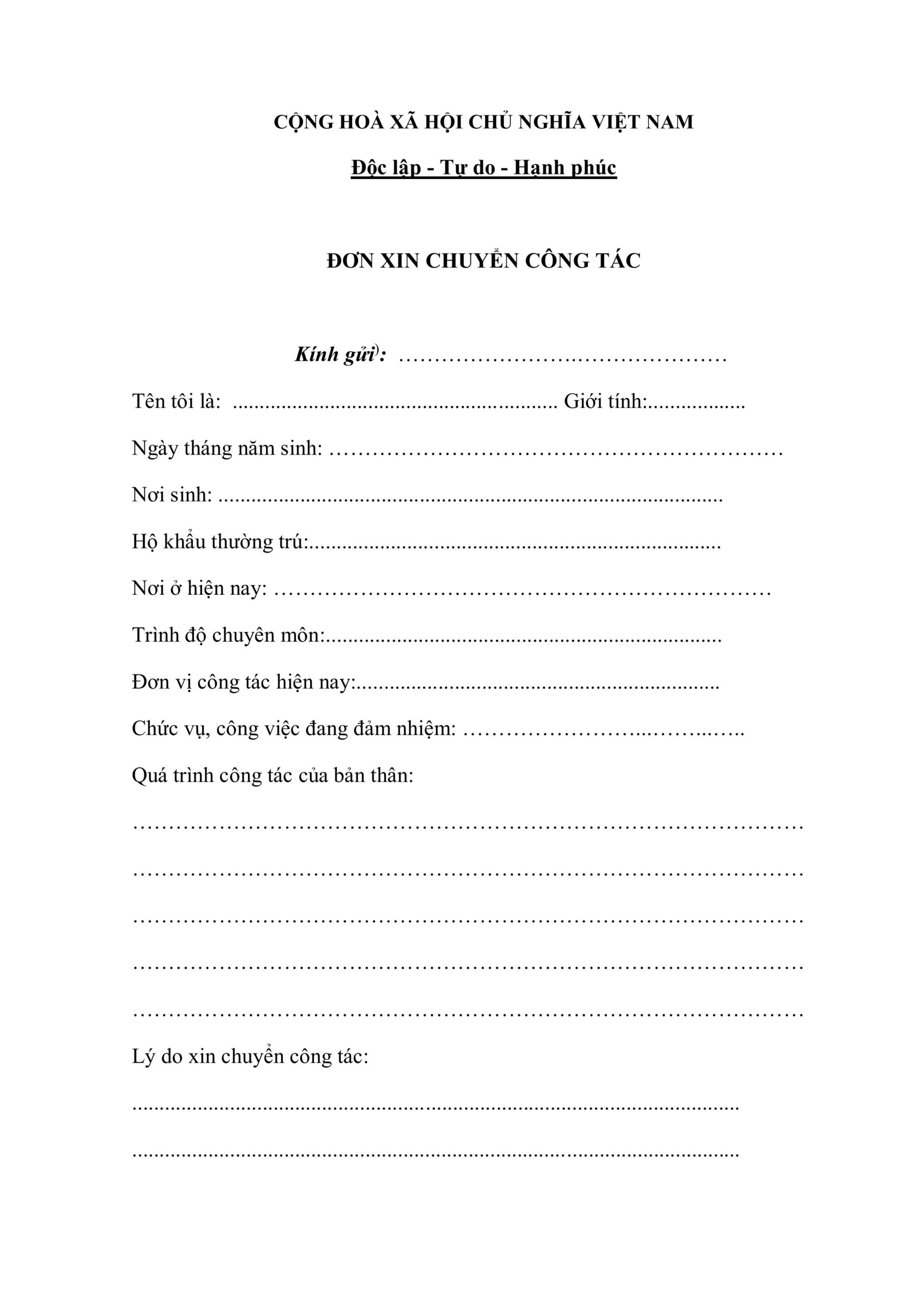 Mẫu đơn xin chuyển công tác