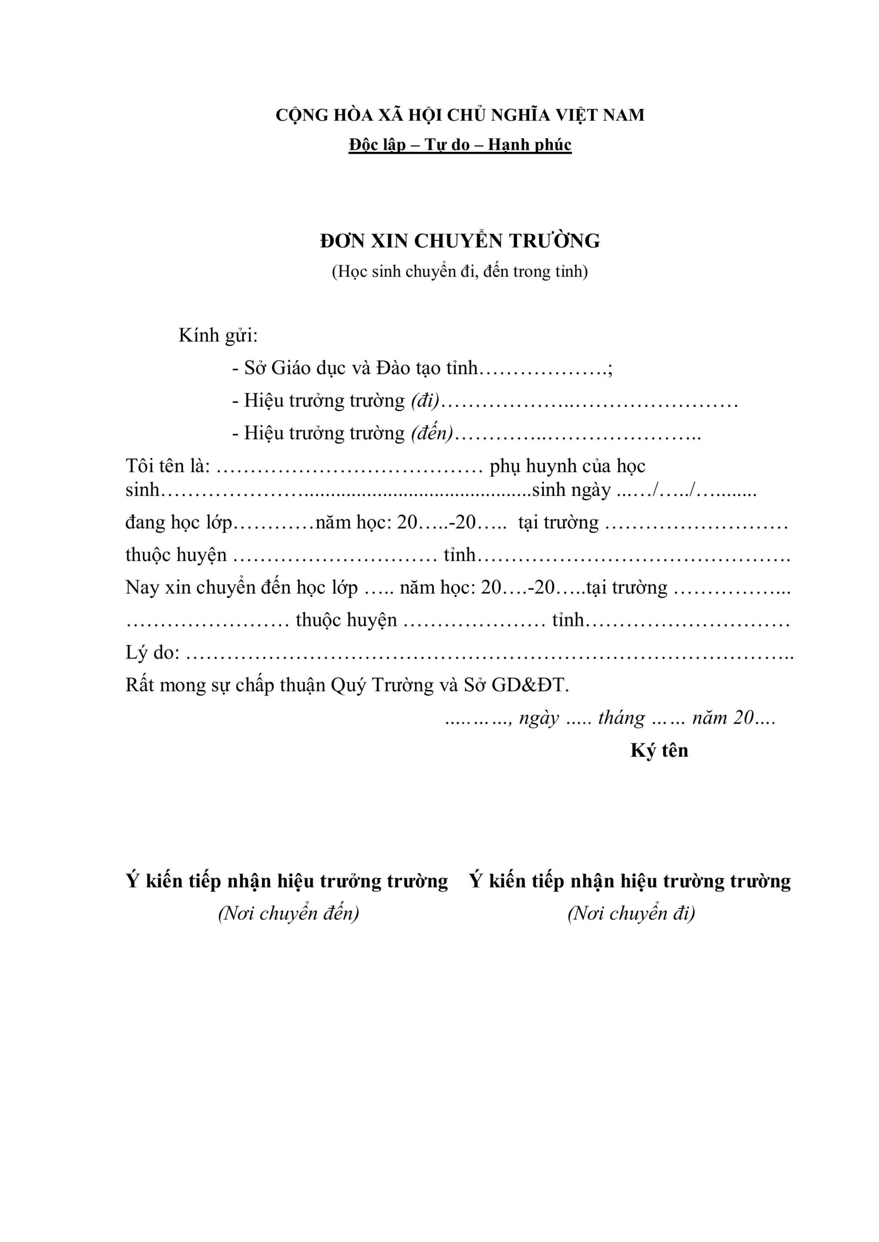 mẫu đơn xin chuyển trường