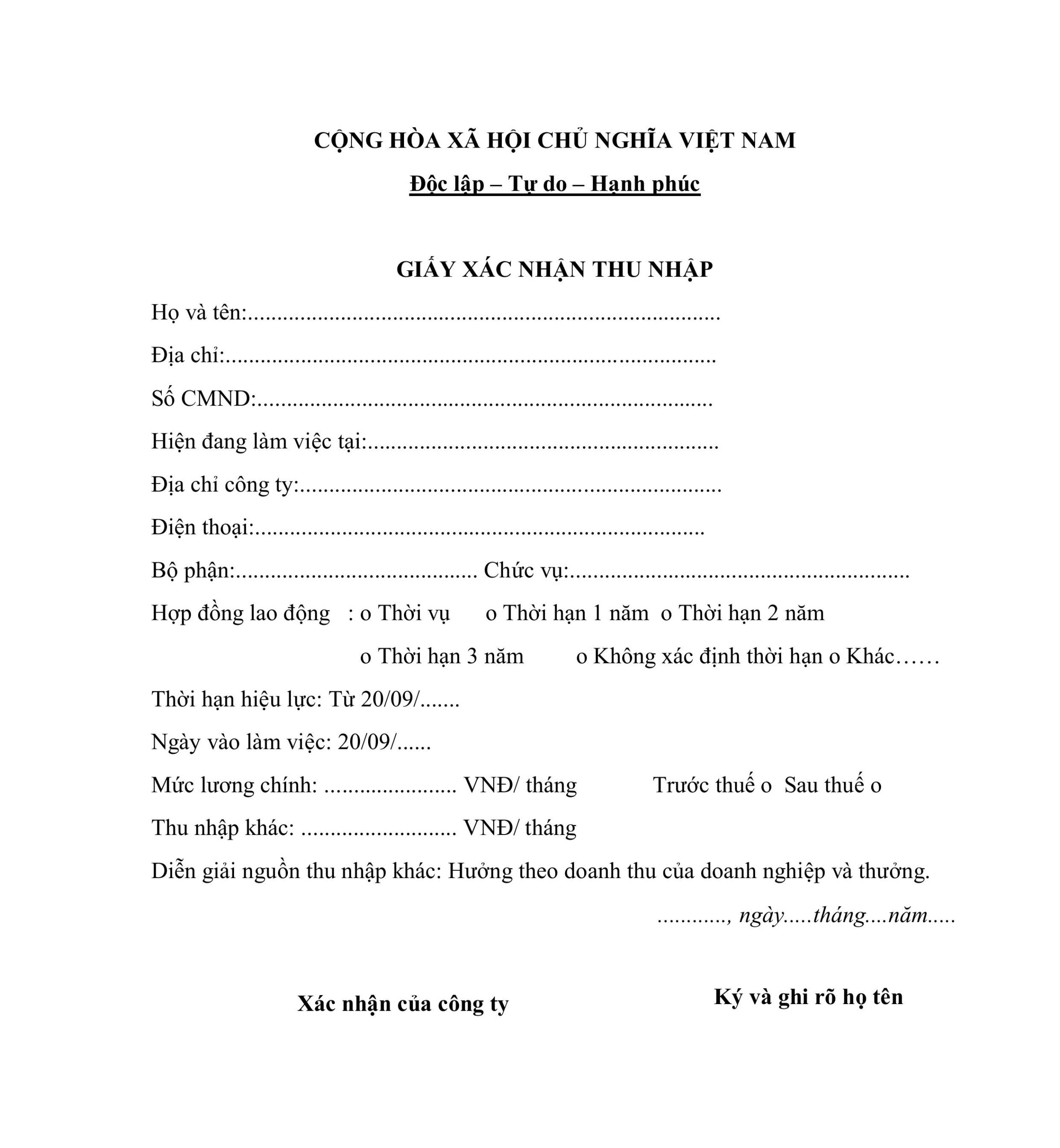 Mẫu giấy xác nhận thu nhập