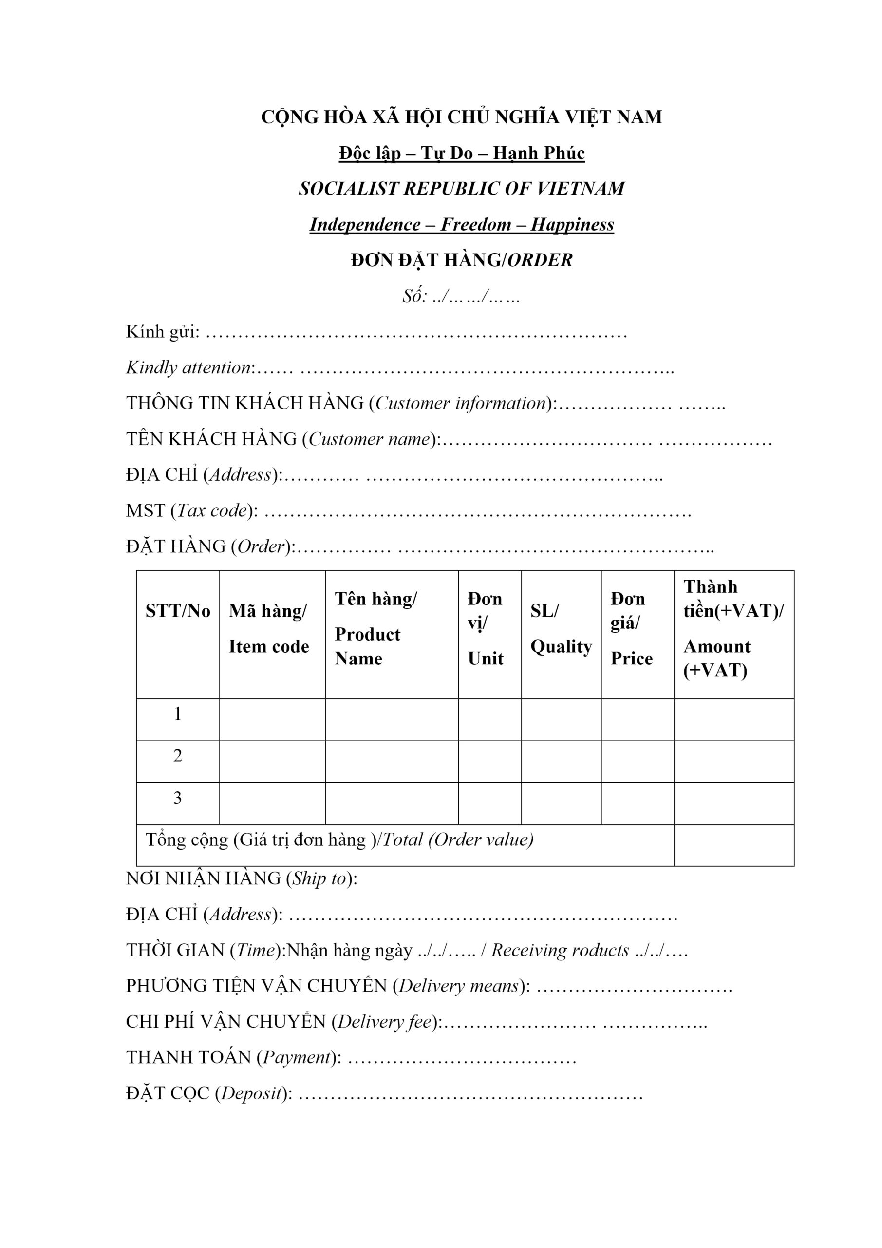 Mẫu đơn đặt hàng Word