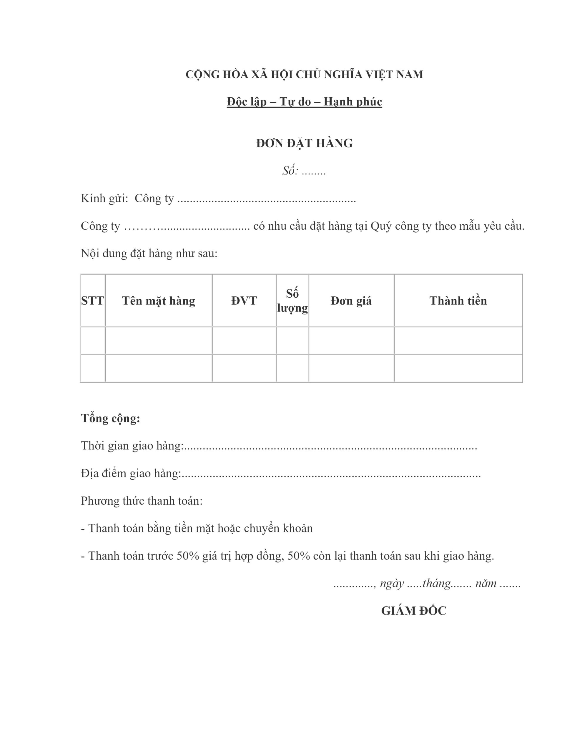 Mẫu đơn đặt hàng Word