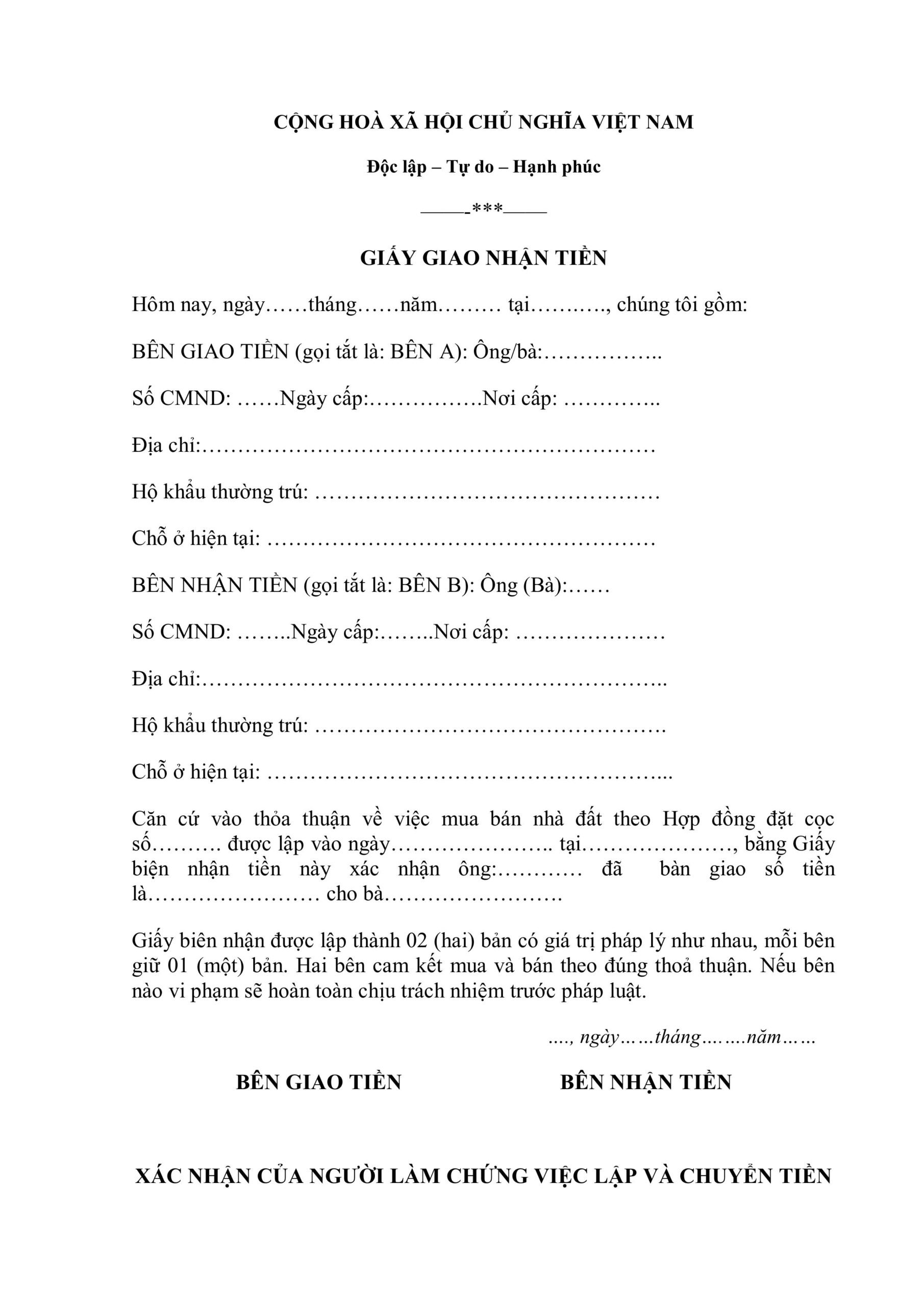 Mẫu giấy biên nhận tiền