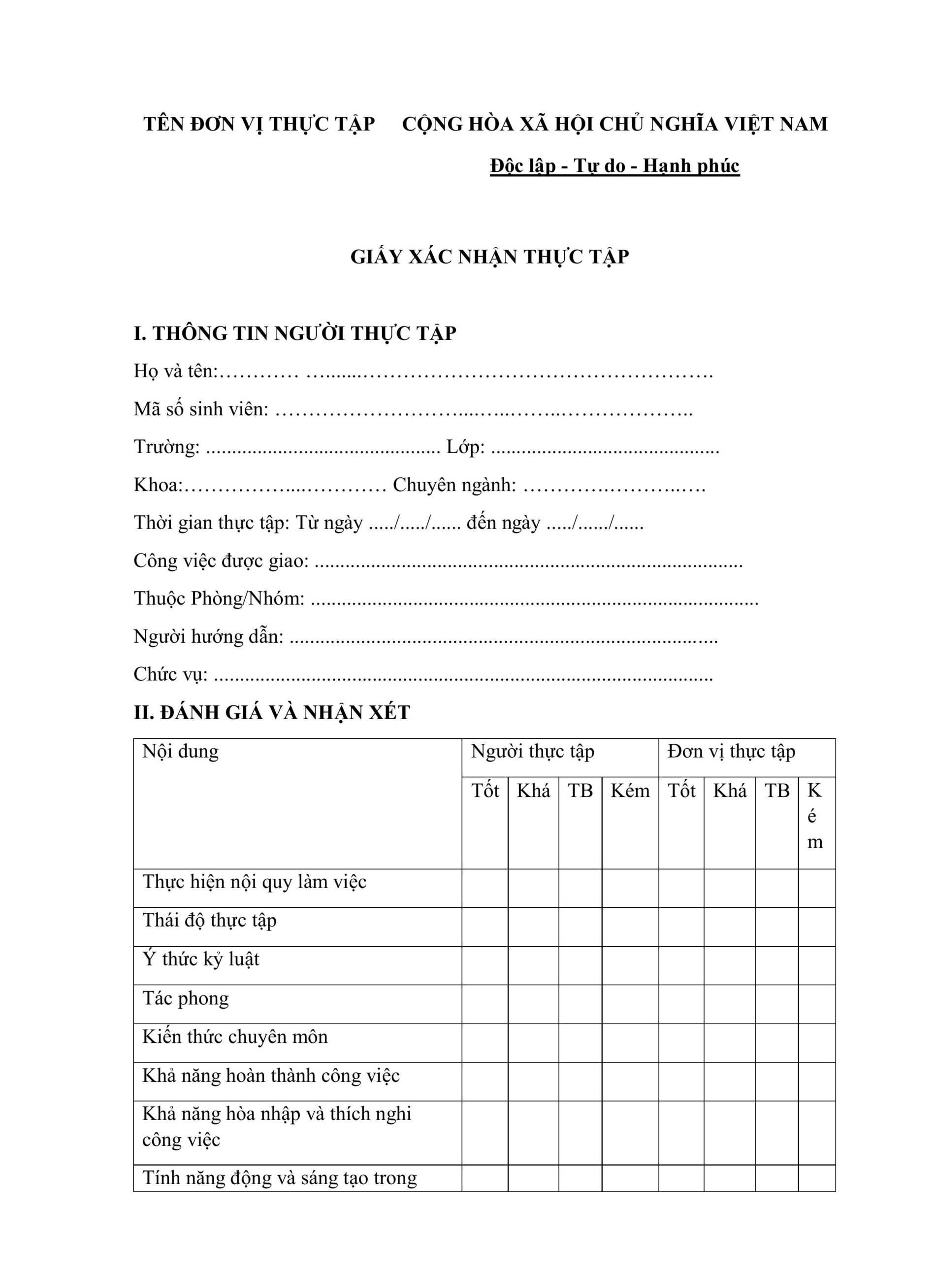 Giấy xác nhận thực tập