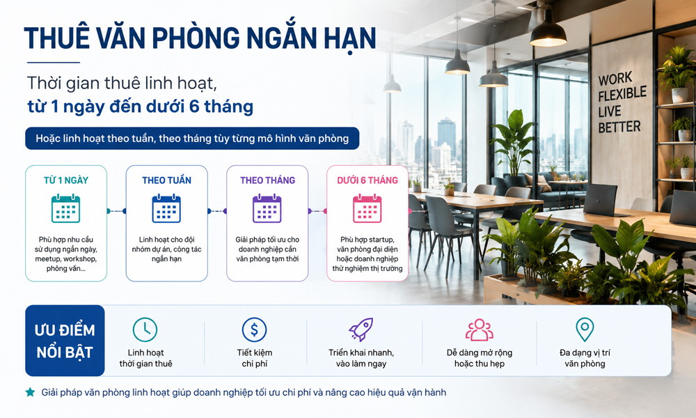 Thuê văn phòng ngắn hạn là hợp đồng thuê theo tháng, quý, 6 tháng hoặc dưới 1 năm